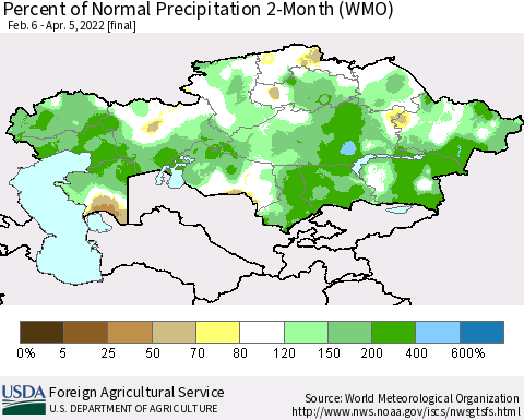 Kazakhstan Percent of Normal Precipitation 2-Month (WMO) Thematic Map For 2/6/2022 - 4/5/2022
