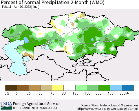 Kazakhstan Percent of Normal Precipitation 2-Month (WMO) Thematic Map For 2/11/2022 - 4/10/2022