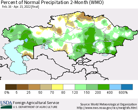 Kazakhstan Percent of Normal Precipitation 2-Month (WMO) Thematic Map For 2/16/2022 - 4/15/2022