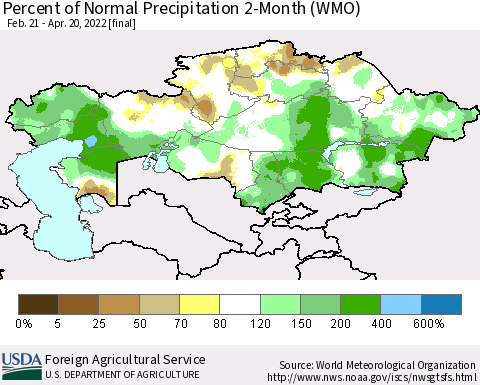Kazakhstan Percent of Normal Precipitation 2-Month (WMO) Thematic Map For 2/21/2022 - 4/20/2022