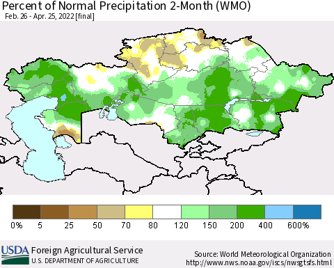 Kazakhstan Percent of Normal Precipitation 2-Month (WMO) Thematic Map For 2/26/2022 - 4/25/2022