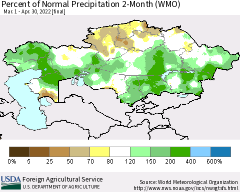 Kazakhstan Percent of Normal Precipitation 2-Month (WMO) Thematic Map For 3/1/2022 - 4/30/2022