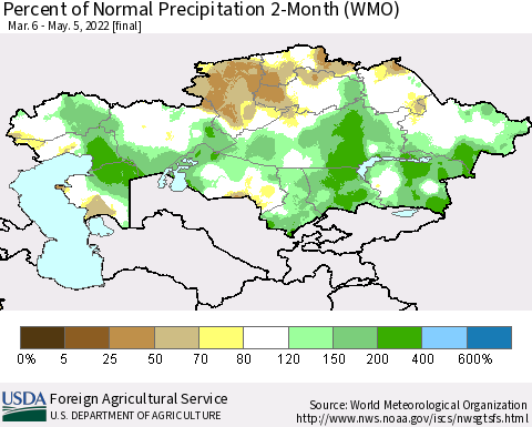 Kazakhstan Percent of Normal Precipitation 2-Month (WMO) Thematic Map For 3/6/2022 - 5/5/2022