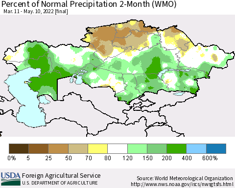 Kazakhstan Percent of Normal Precipitation 2-Month (WMO) Thematic Map For 3/11/2022 - 5/10/2022