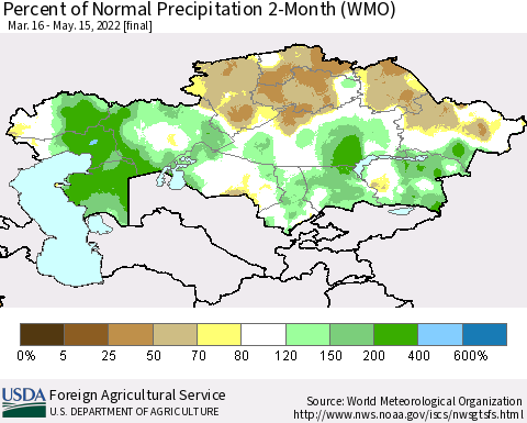 Kazakhstan Percent of Normal Precipitation 2-Month (WMO) Thematic Map For 3/16/2022 - 5/15/2022