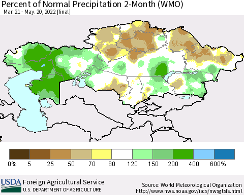 Kazakhstan Percent of Normal Precipitation 2-Month (WMO) Thematic Map For 3/21/2022 - 5/20/2022