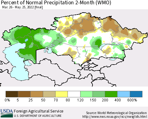 Kazakhstan Percent of Normal Precipitation 2-Month (WMO) Thematic Map For 3/26/2022 - 5/25/2022