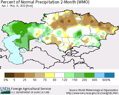 Kazakhstan Percent of Normal Precipitation 2-Month (WMO) Thematic Map For 4/1/2022 - 5/31/2022