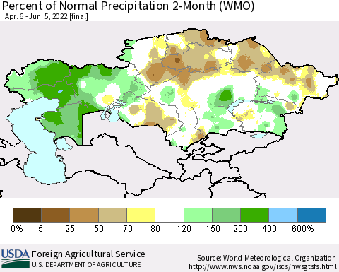Kazakhstan Percent of Normal Precipitation 2-Month (WMO) Thematic Map For 4/6/2022 - 6/5/2022