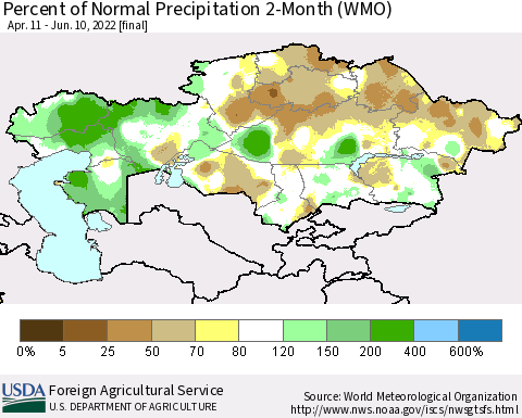Kazakhstan Percent of Normal Precipitation 2-Month (WMO) Thematic Map For 4/11/2022 - 6/10/2022