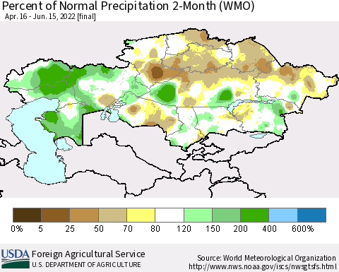 Kazakhstan Percent of Normal Precipitation 2-Month (WMO) Thematic Map For 4/16/2022 - 6/15/2022