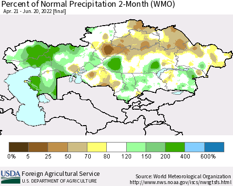 Kazakhstan Percent of Normal Precipitation 2-Month (WMO) Thematic Map For 4/21/2022 - 6/20/2022