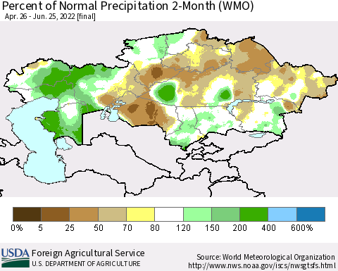Kazakhstan Percent of Normal Precipitation 2-Month (WMO) Thematic Map For 4/26/2022 - 6/25/2022