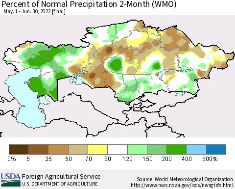 Kazakhstan Percent of Normal Precipitation 2-Month (WMO) Thematic Map For 5/1/2022 - 6/30/2022