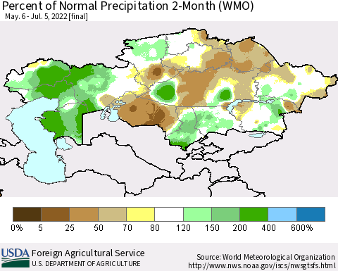 Kazakhstan Percent of Normal Precipitation 2-Month (WMO) Thematic Map For 5/6/2022 - 7/5/2022