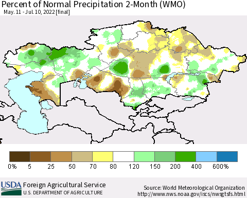 Kazakhstan Percent of Normal Precipitation 2-Month (WMO) Thematic Map For 5/11/2022 - 7/10/2022