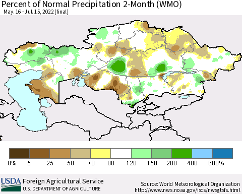 Kazakhstan Percent of Normal Precipitation 2-Month (WMO) Thematic Map For 5/16/2022 - 7/15/2022