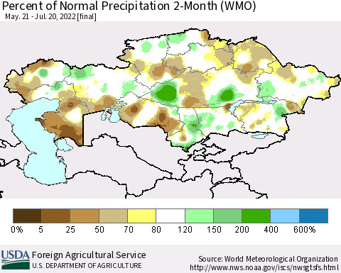 Kazakhstan Percent of Normal Precipitation 2-Month (WMO) Thematic Map For 5/21/2022 - 7/20/2022