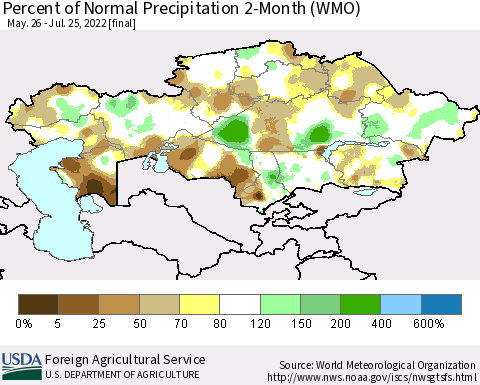 Kazakhstan Percent of Normal Precipitation 2-Month (WMO) Thematic Map For 5/26/2022 - 7/25/2022