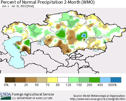 Kazakhstan Percent of Normal Precipitation 2-Month (WMO) Thematic Map For 6/1/2022 - 7/31/2022