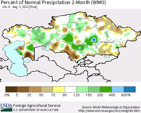 Kazakhstan Percent of Normal Precipitation 2-Month (WMO) Thematic Map For 6/6/2022 - 8/5/2022