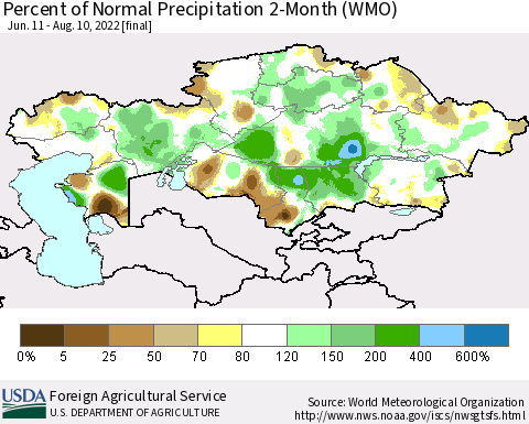 Kazakhstan Percent of Normal Precipitation 2-Month (WMO) Thematic Map For 6/11/2022 - 8/10/2022