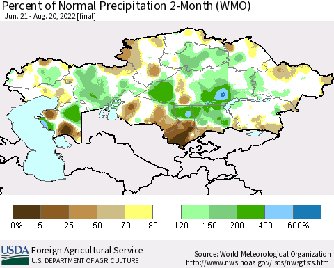 Kazakhstan Percent of Normal Precipitation 2-Month (WMO) Thematic Map For 6/21/2022 - 8/20/2022