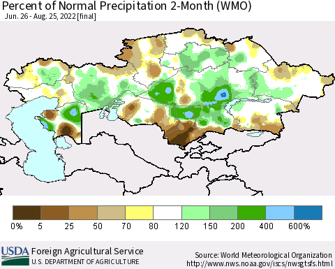 Kazakhstan Percent of Normal Precipitation 2-Month (WMO) Thematic Map For 6/26/2022 - 8/25/2022