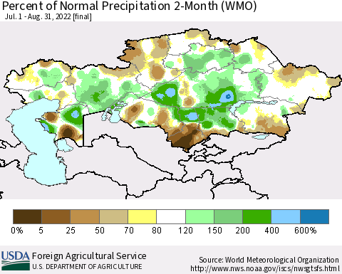 Kazakhstan Percent of Normal Precipitation 2-Month (WMO) Thematic Map For 7/1/2022 - 8/31/2022