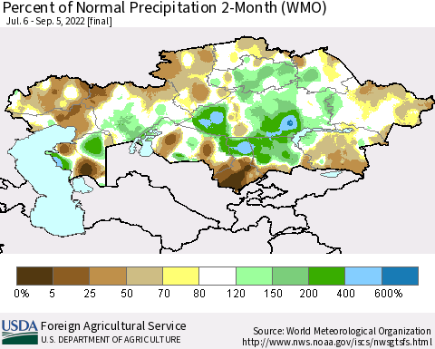 Kazakhstan Percent of Normal Precipitation 2-Month (WMO) Thematic Map For 7/6/2022 - 9/5/2022