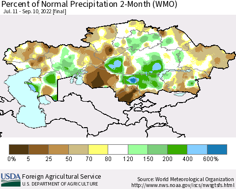 Kazakhstan Percent of Normal Precipitation 2-Month (WMO) Thematic Map For 7/11/2022 - 9/10/2022