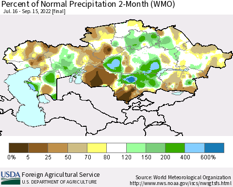 Kazakhstan Percent of Normal Precipitation 2-Month (WMO) Thematic Map For 7/16/2022 - 9/15/2022