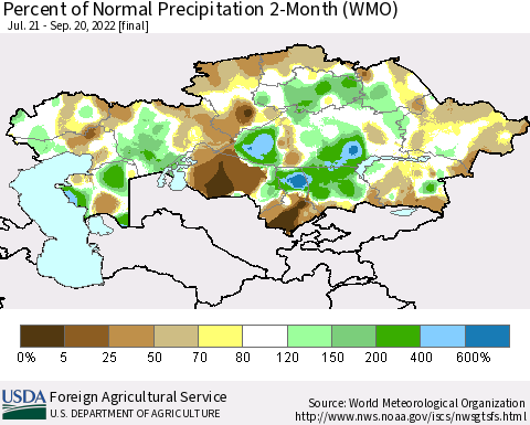 Kazakhstan Percent of Normal Precipitation 2-Month (WMO) Thematic Map For 7/21/2022 - 9/20/2022