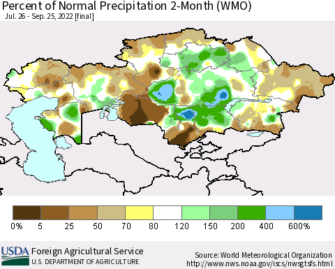 Kazakhstan Percent of Normal Precipitation 2-Month (WMO) Thematic Map For 7/26/2022 - 9/25/2022