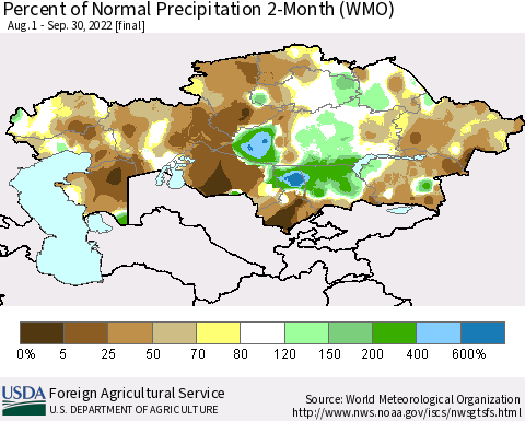 Kazakhstan Percent of Normal Precipitation 2-Month (WMO) Thematic Map For 8/1/2022 - 9/30/2022