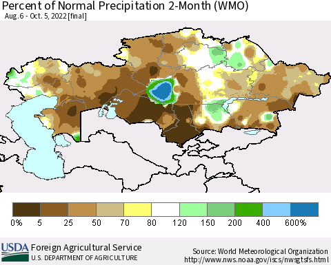 Kazakhstan Percent of Normal Precipitation 2-Month (WMO) Thematic Map For 8/6/2022 - 10/5/2022