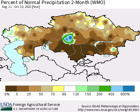 Kazakhstan Percent of Normal Precipitation 2-Month (WMO) Thematic Map For 8/11/2022 - 10/10/2022