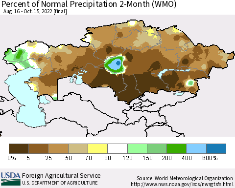 Kazakhstan Percent of Normal Precipitation 2-Month (WMO) Thematic Map For 8/16/2022 - 10/15/2022