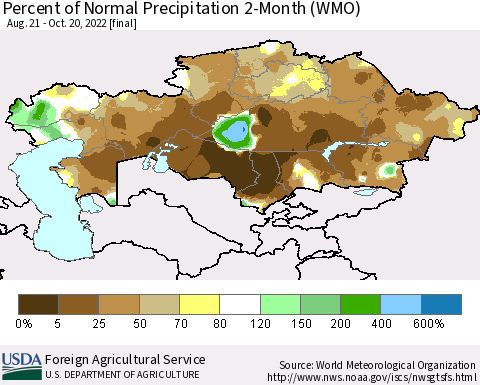 Kazakhstan Percent of Normal Precipitation 2-Month (WMO) Thematic Map For 8/21/2022 - 10/20/2022