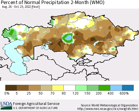 Kazakhstan Percent of Normal Precipitation 2-Month (WMO) Thematic Map For 8/26/2022 - 10/25/2022