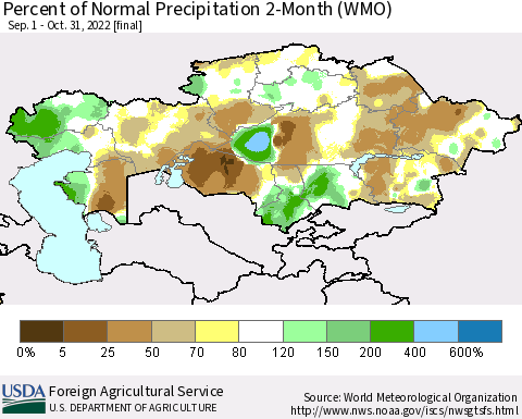 Kazakhstan Percent of Normal Precipitation 2-Month (WMO) Thematic Map For 9/1/2022 - 10/31/2022