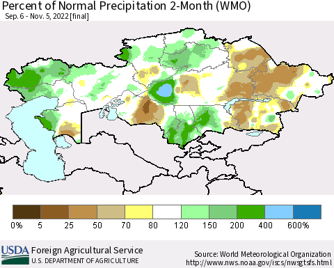 Kazakhstan Percent of Normal Precipitation 2-Month (WMO) Thematic Map For 9/6/2022 - 11/5/2022