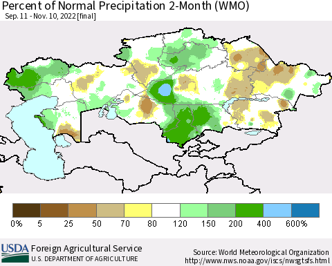 Kazakhstan Percent of Normal Precipitation 2-Month (WMO) Thematic Map For 9/11/2022 - 11/10/2022