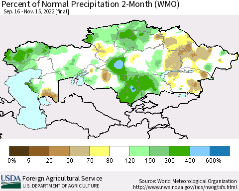 Kazakhstan Percent of Normal Precipitation 2-Month (WMO) Thematic Map For 9/16/2022 - 11/15/2022
