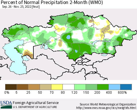 Kazakhstan Percent of Normal Precipitation 2-Month (WMO) Thematic Map For 9/26/2022 - 11/25/2022