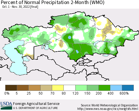 Kazakhstan Percent of Normal Precipitation 2-Month (WMO) Thematic Map For 10/1/2022 - 11/30/2022