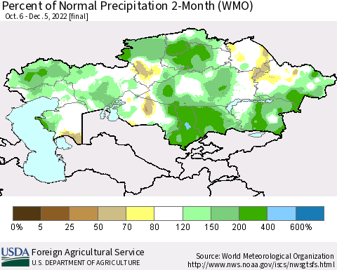 Kazakhstan Percent of Normal Precipitation 2-Month (WMO) Thematic Map For 10/6/2022 - 12/5/2022