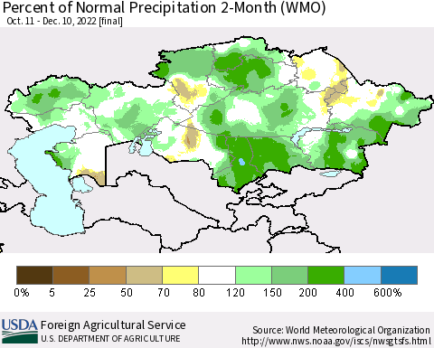 Kazakhstan Percent of Normal Precipitation 2-Month (WMO) Thematic Map For 10/11/2022 - 12/10/2022