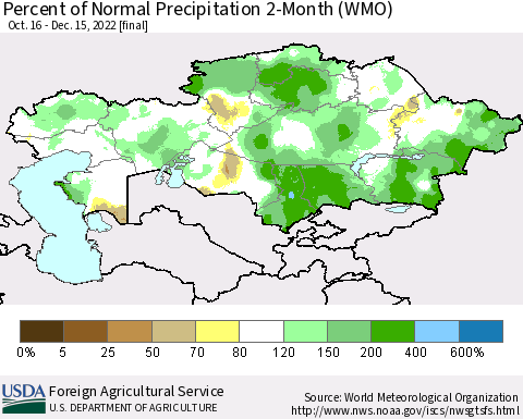 Kazakhstan Percent of Normal Precipitation 2-Month (WMO) Thematic Map For 10/16/2022 - 12/15/2022