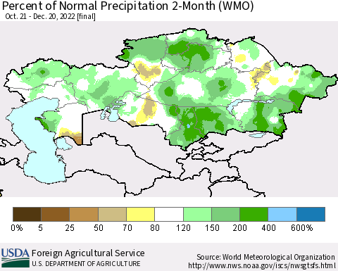 Kazakhstan Percent of Normal Precipitation 2-Month (WMO) Thematic Map For 10/21/2022 - 12/20/2022